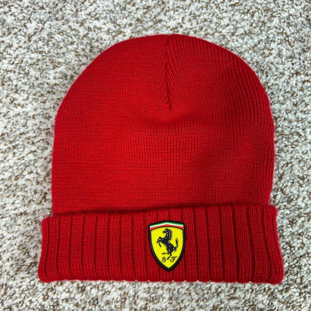 Scuderia Ferrari Beanie Men One Size Red Knit Cuffed Hat Italian Flag Racing Cap